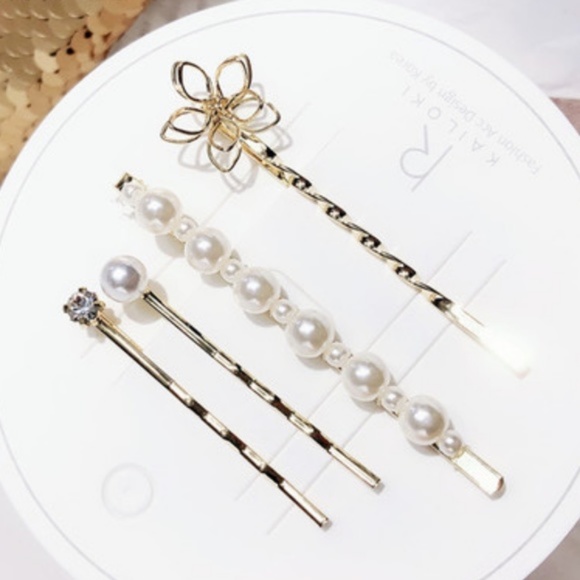 NWT Flower Pearl Gold Hair Clips Set - Floral Spring Summer Bridal Hair Barrette - Picture 1 of 4